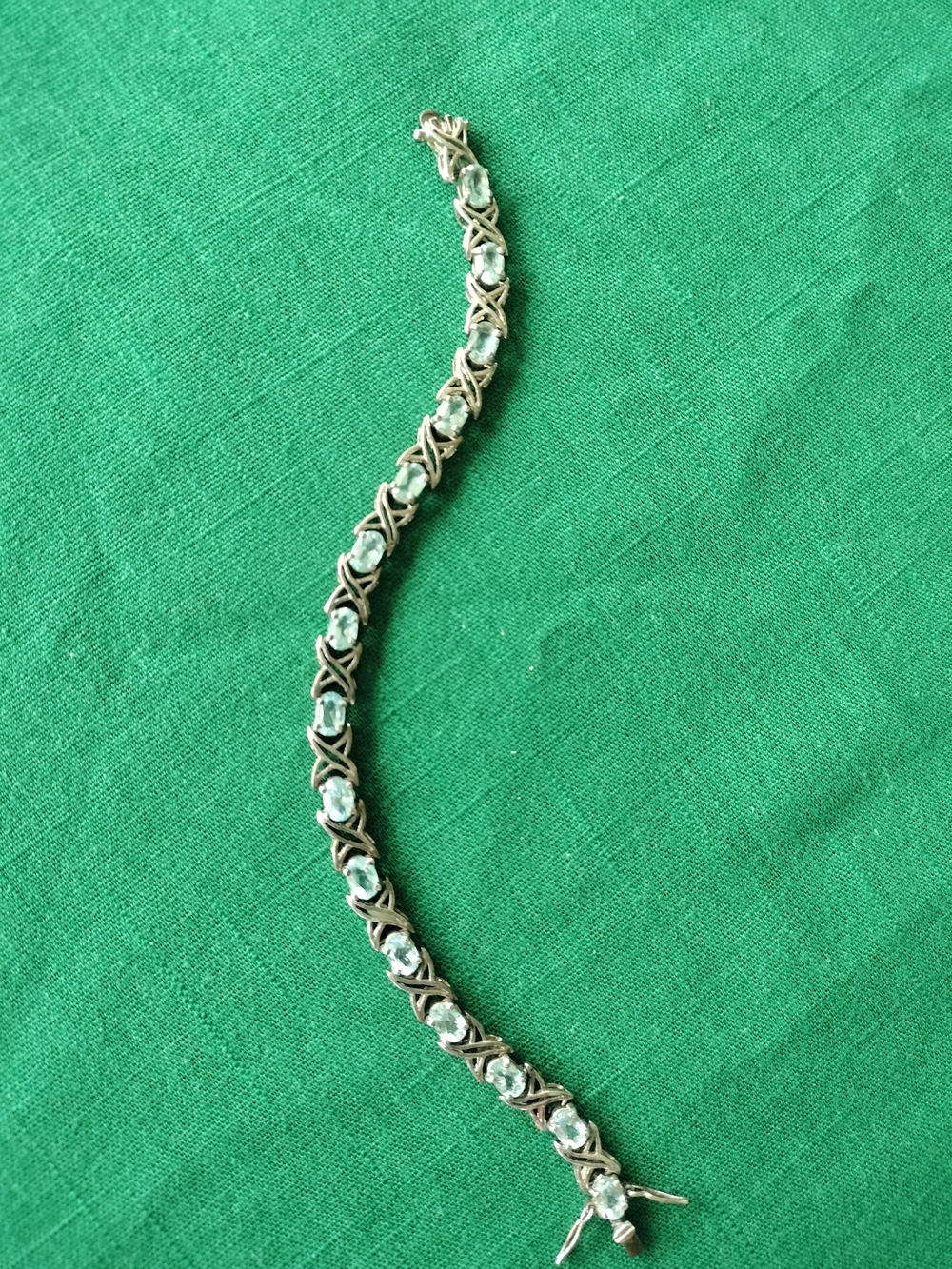 925 Sterling marked 7"Bracelet Blue Gemstones X pattern